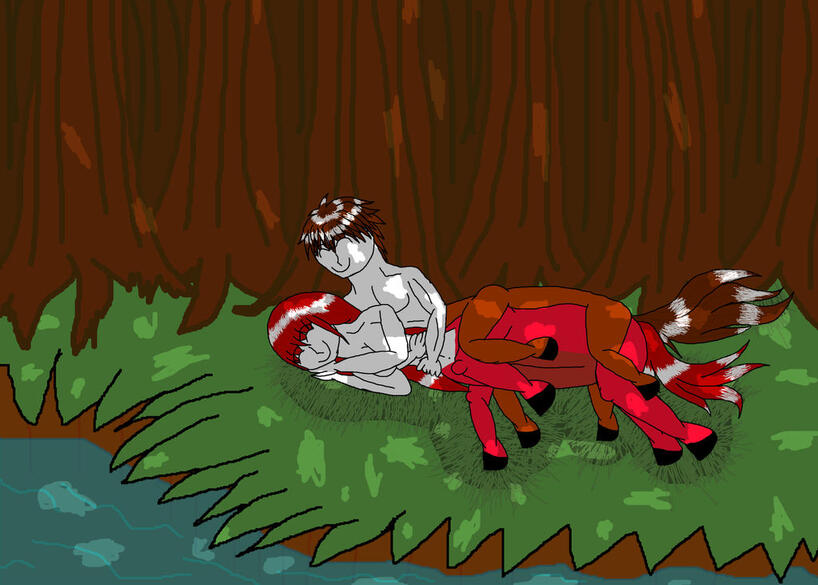 Mar. 9, 2013 - First Digital with Digital Background: Two Centaur OCs cudding in a forest