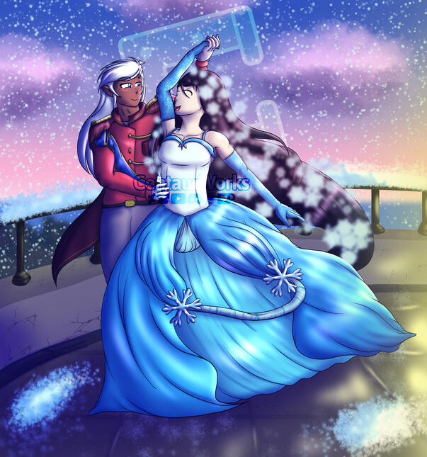 Caden in his Ambassador attire and Drake in their Snow Princess form (my Original Characters), doing a Waltz together loveingly. The two happily embracing each other's company.