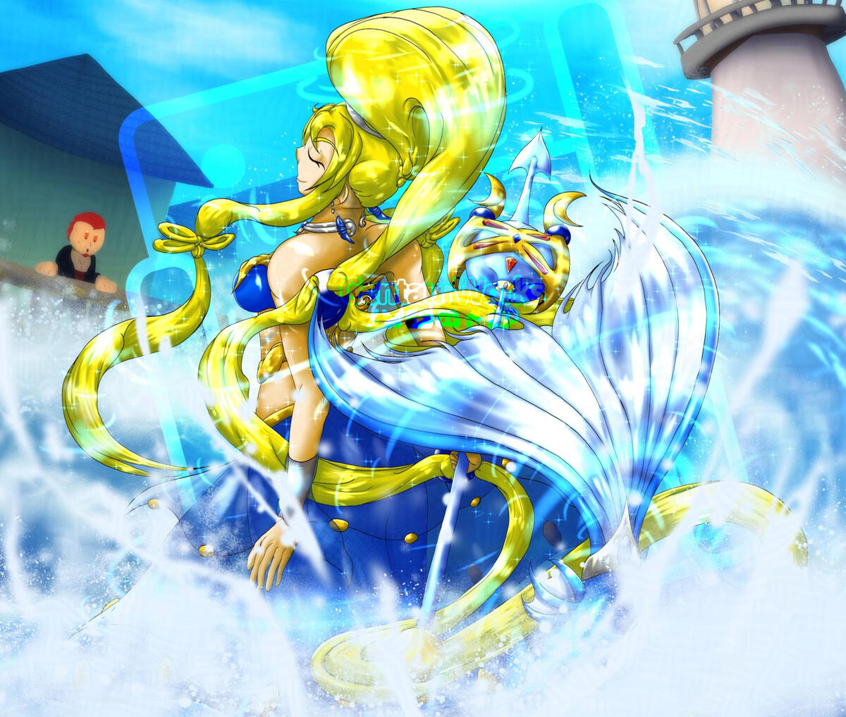 Claudia's First Mermaid Emergence Claudia Emerging from the water as a Blue Mermaid. Water splashing everywhere with blue magic swirling around her, waves crashing and lifting her up as he holds a blue and gold trident formed from an old genie vessel. Off the coast is a lighthouse to the r