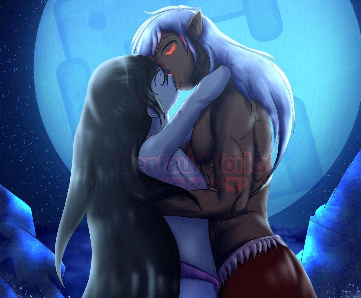 Compassion In The Dark Drake and Caden (both male OCs) are kissing each other closely during a fullmoon night while in the water. Drake in his pink merman form and Caden in his red merman form, his tattoos glowing in the night, as stars decorate the sky around the moon.