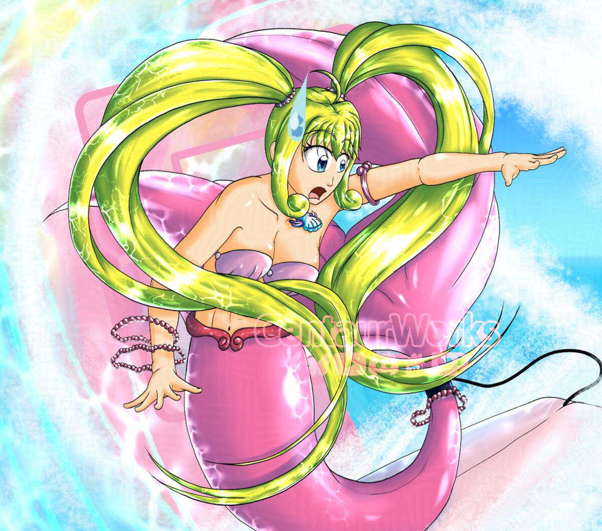 Mermaid Luchia on a Surfboard Luchia (from Mermaid Melody) on a surfboard, balancing on it while going through a wave tho looking nervous.