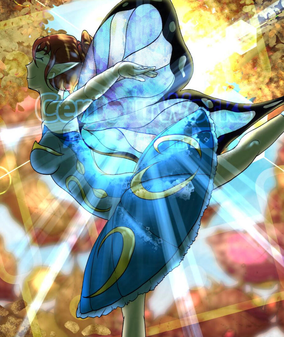 Dance Of The Autumn Fairy A fairy with blue butterfly wings doing ballet in an autumn tree with leaves around her. The sun's shine going through her wings and giving a crystal glow.