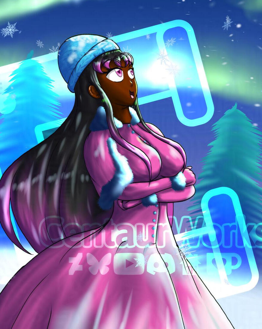 Nashira's Winter Attire Nashira walking through a snowy field with multiple trees around her. She's wearing a pink winter gown with a blue beanie on her head, she looks up in awe as their is an aurora in the night sky on her walk.
