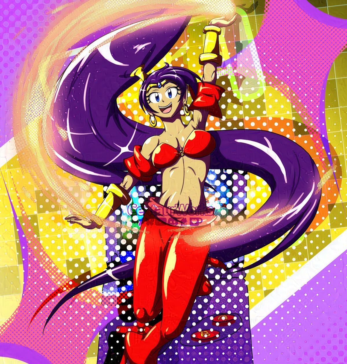 Shantae Advance Forward Shantae bursting through a custom Purple Game Boy Advance SP with joy, practically leaping out of the screen.