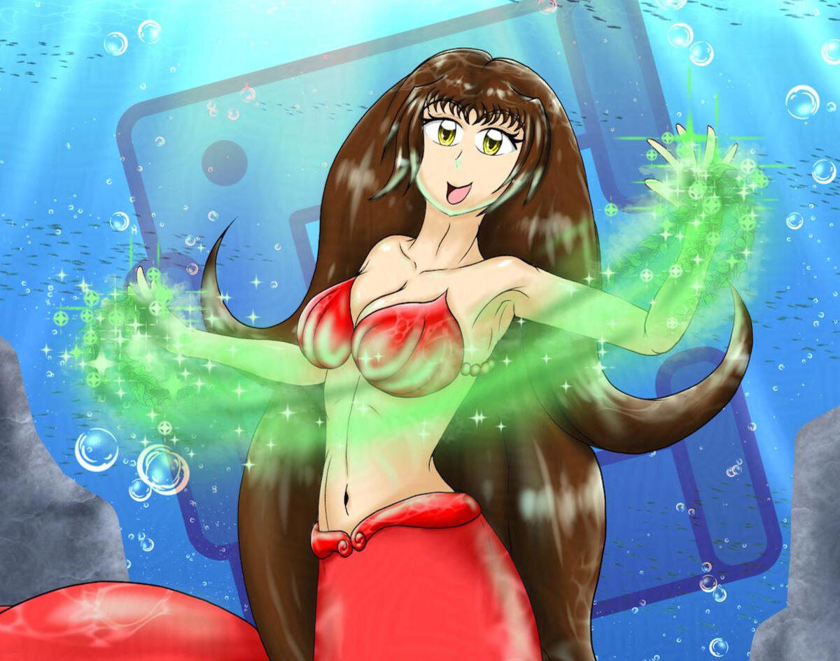 Kitami with the Healing Touch Kitami (my original character) deep underwater and using her healing magic to show off. Her red tail curled behind her as the light from the sun from the surface shining down on her.