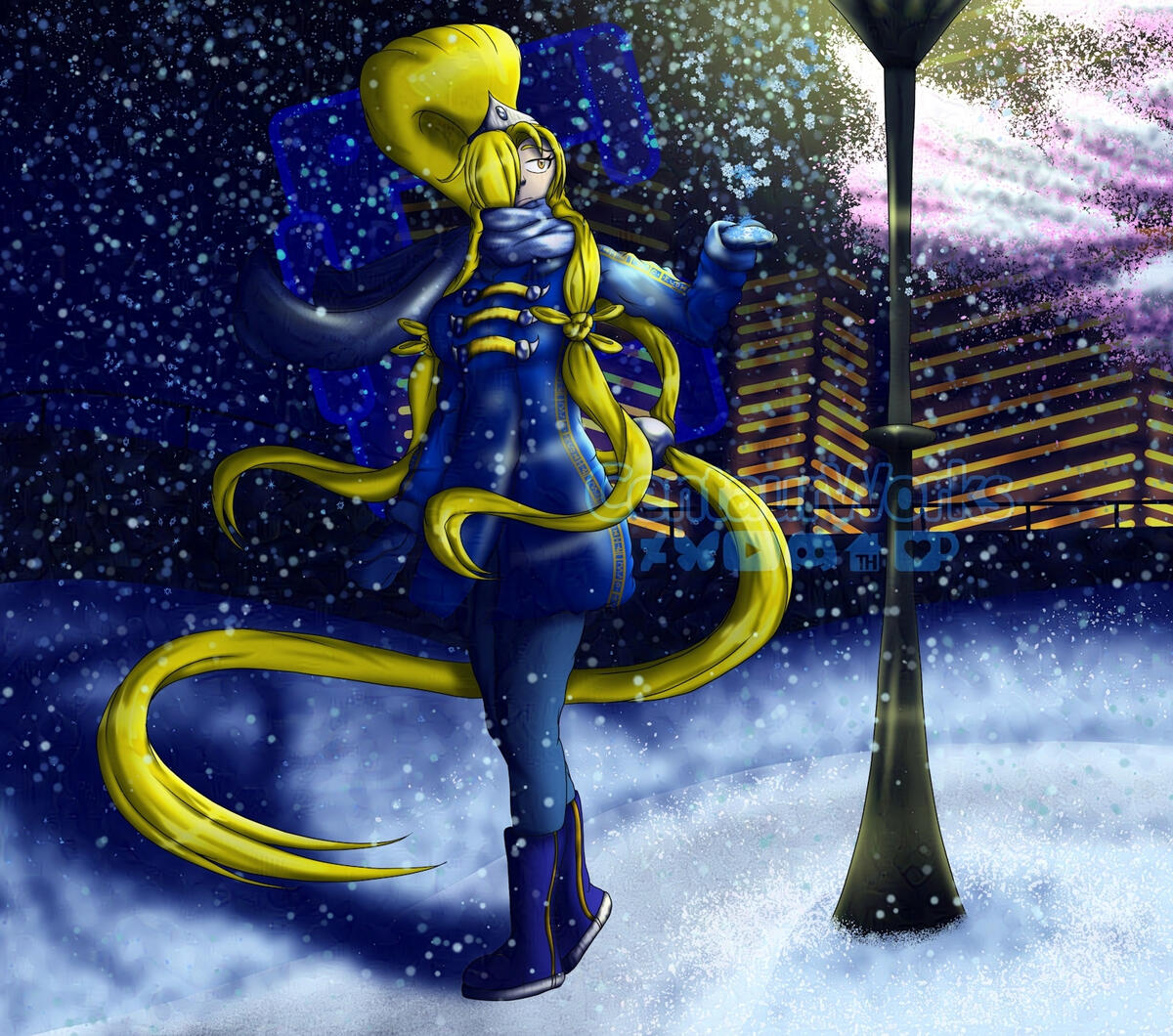 The Snowy Stroll on a Cold Night Claudia in her winter attire walking in a park on a snowy winter night. Walking and looking melancholically.